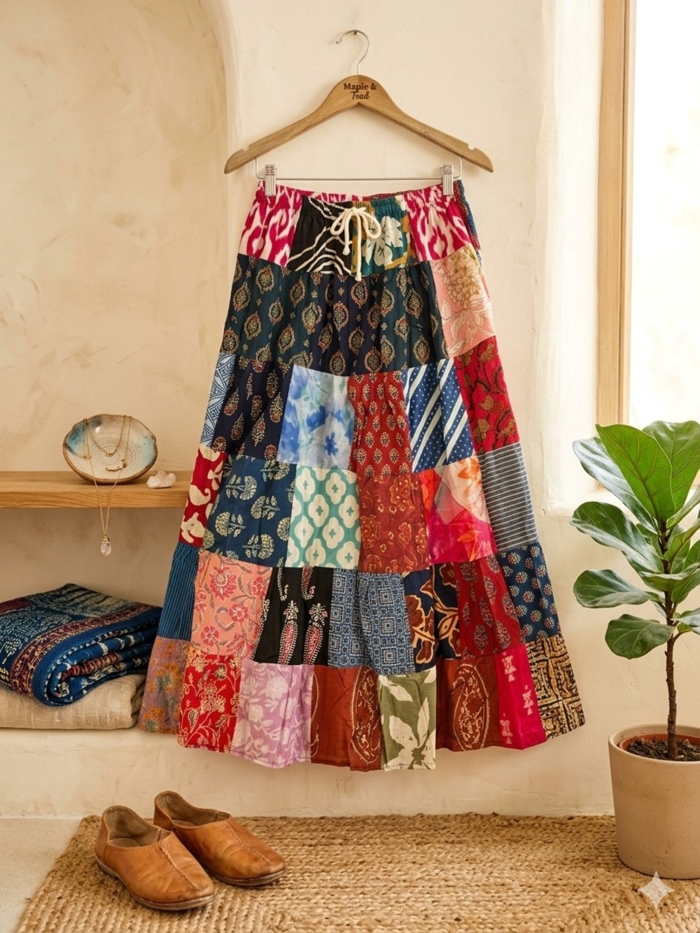 Hand Crafted Patchwork Maxi Skirt - Multicolor Boho Panels